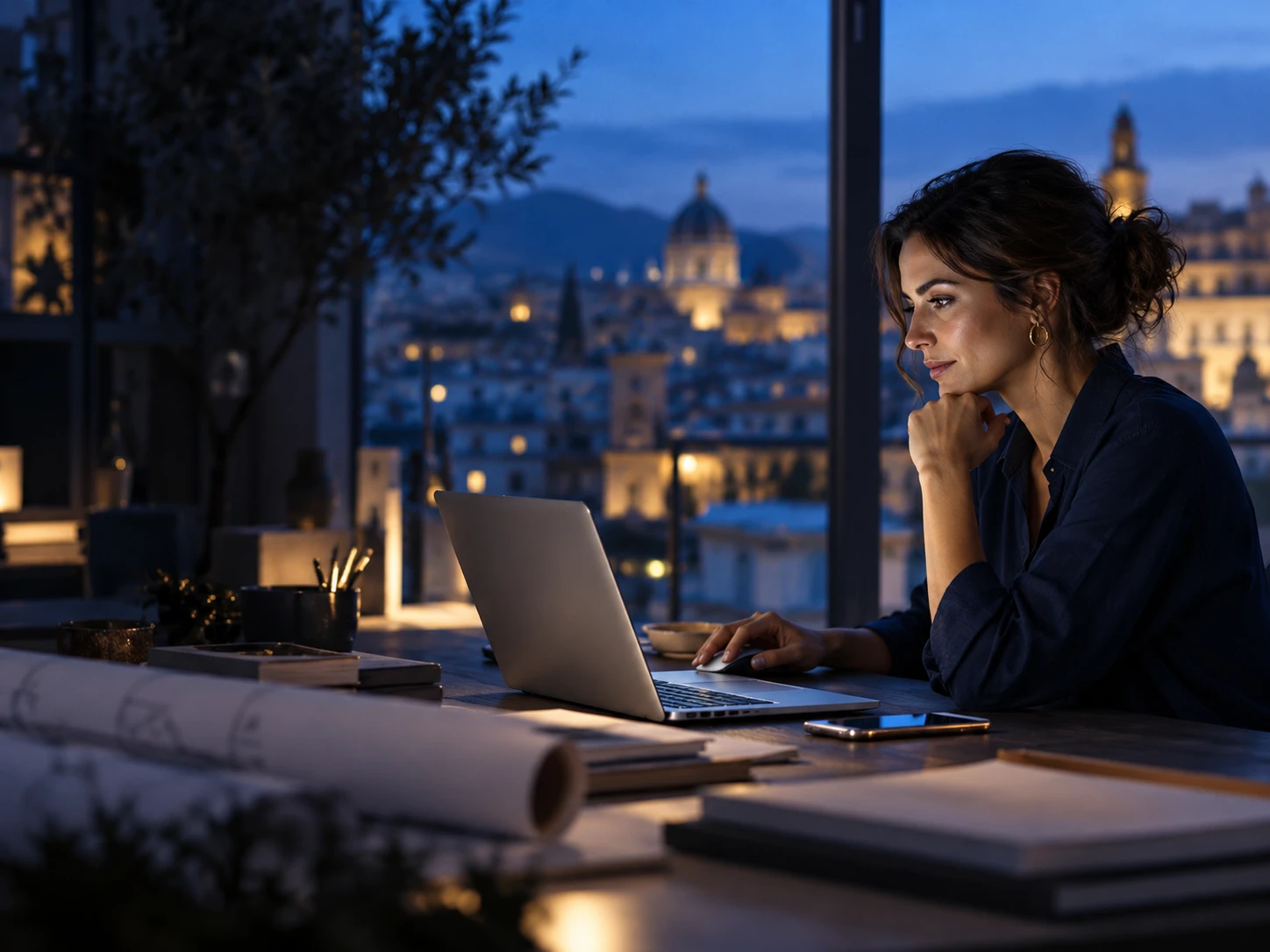 Profesional trabajando con un portátil al anochecer, junto a una visualización de recepción de consultas web