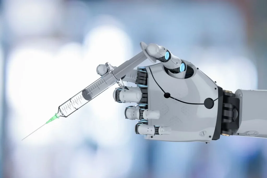 Salud digital y alta tecnología. Imagen que describe un robot sujetando un jeringa.