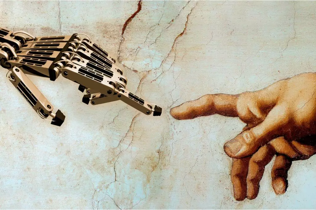 La Inteligencia Artificial en el Arte. Imagen que describe la obra "La creación" de Miguel Ángel con un "robot" que sustituye una forma humana.